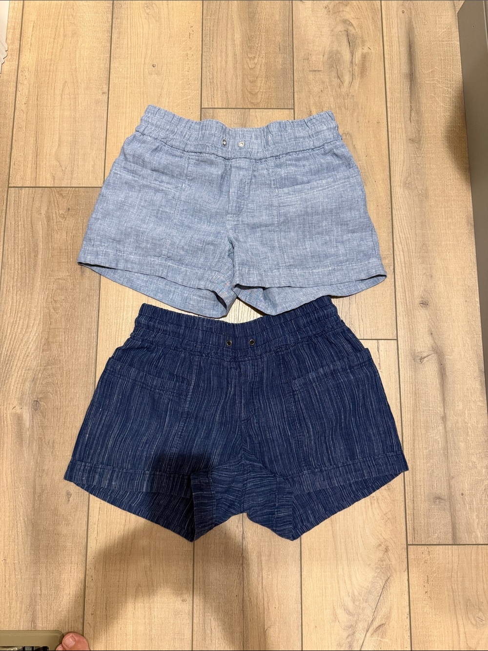 2 pair of Athleta Cabo linen shorts chambray and pinstriped